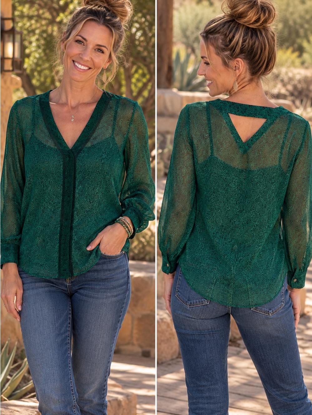 CABI Semi-Sheer V-Neck Long-Sleeve Blouse in Emerald Green